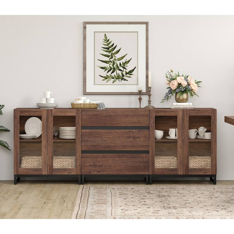 WAMPAT 3 in 1 Modern Sideboard with Glass Doors and 3 Drawers, Coffee Bar Cabinet for Kitchen