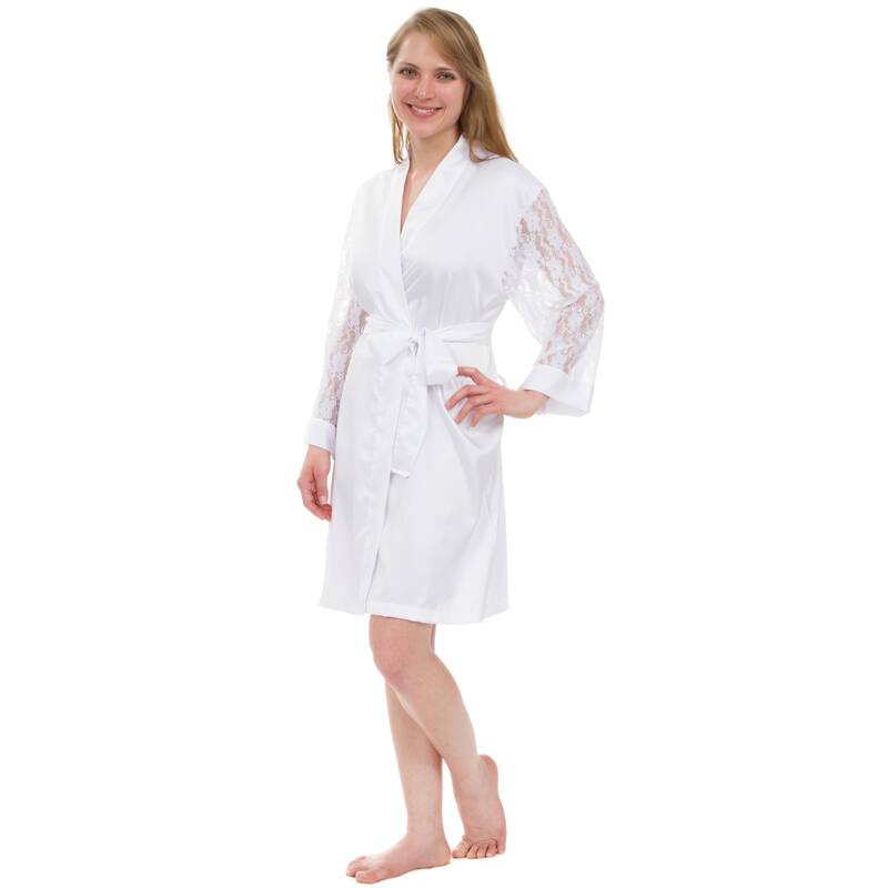 Leisureland Lace Sleeve Matte Satin Knee-Length Robe