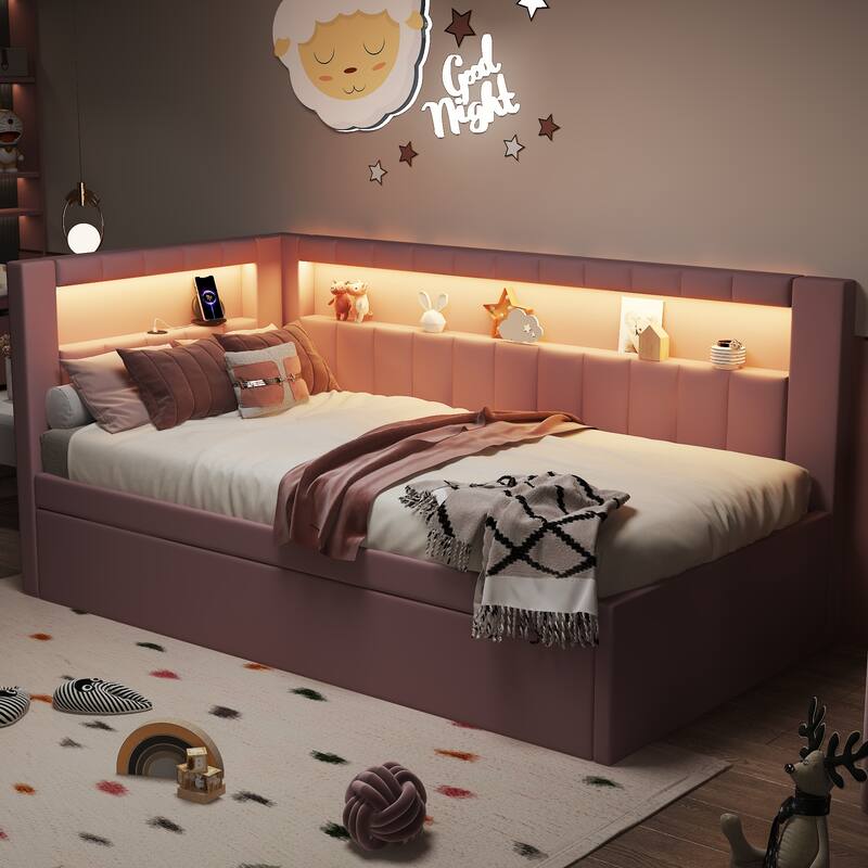 Platform Bed Linen Upholstered Daybed with L-shaped Headboard USB Ports and Light for Night's Sleep, Choose 2 Drawer or Trundle - Pink - Twin