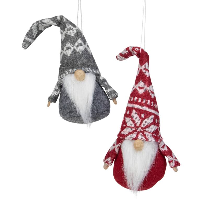 Gnomes with Nordic Hats Christmas Ornaments - 7" - Red and Gray - Set of 2
