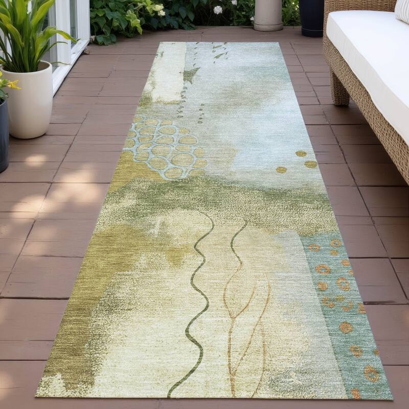 Machine Washable Indoor/Outdoor Modern Abstract Chantille Rug - Green - 2'3" x 7'6"