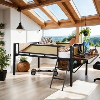 Stylish & Simple Single Full metal loft bed with rectangular desk, LED lights, storage shelves, safety guard and ladder, Brown