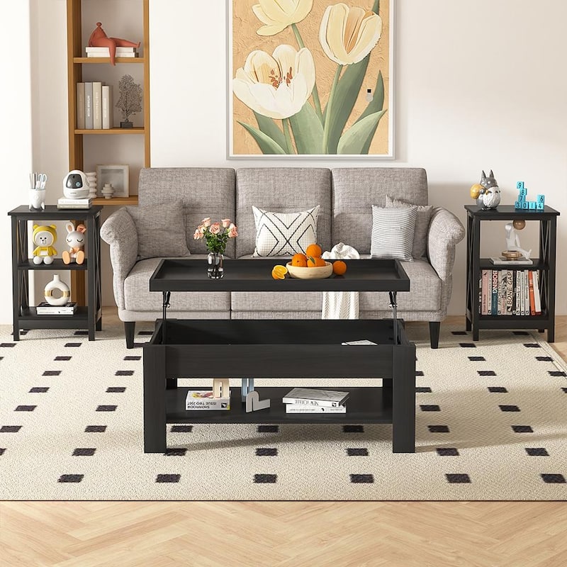 VECELO 3-piece Lift Top Coffee Table Set,Coffee Table with Hidden Storage and Shelves and Nightstands Set of 2 - Black Set