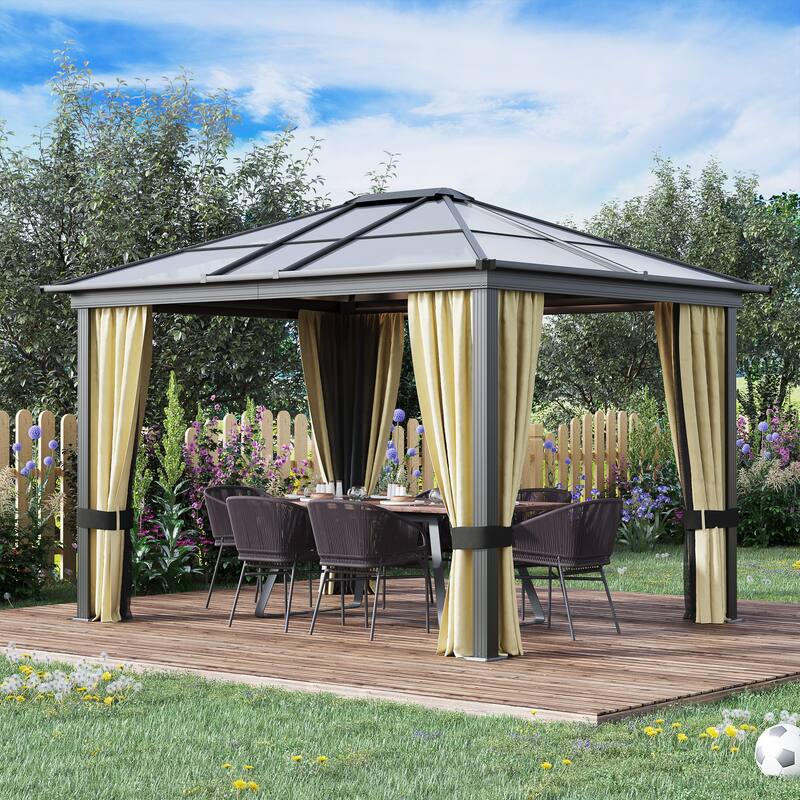 Hardtop Gazebo Canopy with Polycarbonate Roof, Aluminum Frame, with Netting and Curtains for Patio, Garden, Backyard, Lawn, Deck