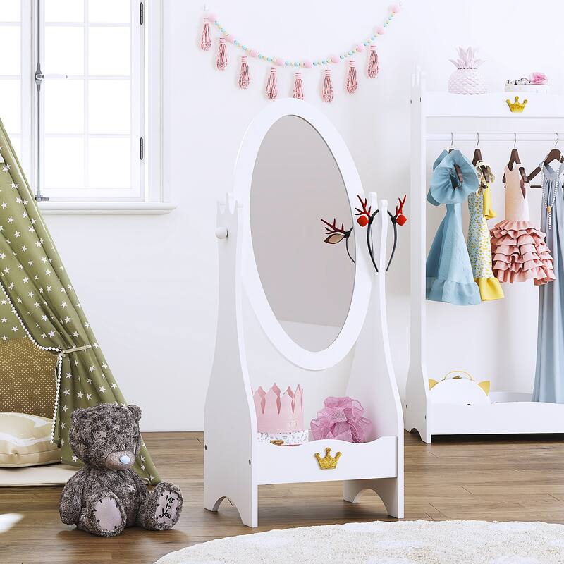 UTEX Kids Full Length Mirror, Wooden Dressing Mirror with Adjustable Viewed, Girl's Vanity Dress-Up Mirror with Storage, White