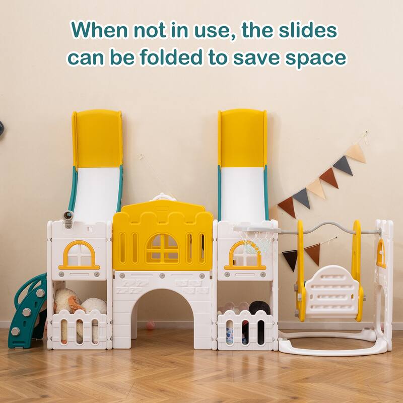 Gymax 10 in 1 Toddler Swing & Slide Set w/Basketball Hoop Telescope