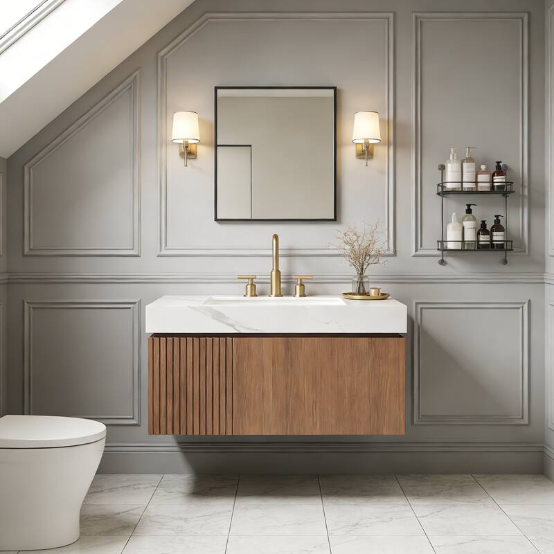 Floating Storage Bathroom Vanity with 3 Pre-drilled Faucet Holes - 36 - Brown Oak