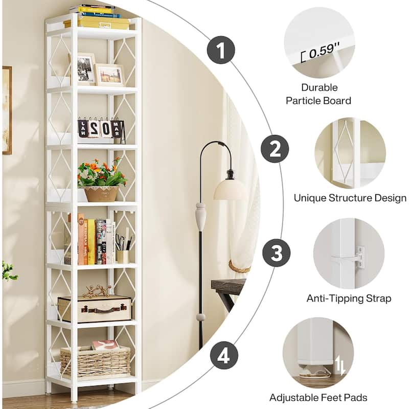 78.7" White Bookshelf, 7 Tier Tall Skinny Bookcase Freestanding Narrow Display Shelves