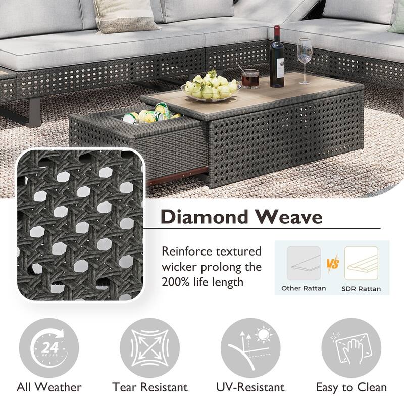 6-Piece Outdoor Sectional Sofa Set with Adjustable Recliner, Ice Bucket Coffee Table & Side Tables