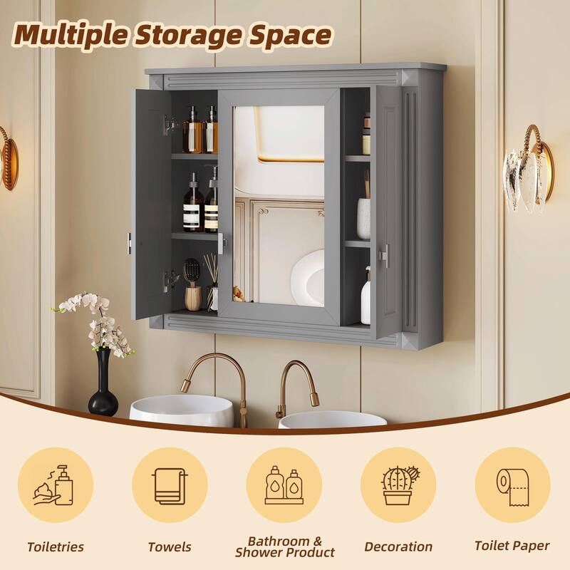 Wall-Mounted Medicine Cabinet with 4 Shelves, Mirrored Door Over-Toilet Storage