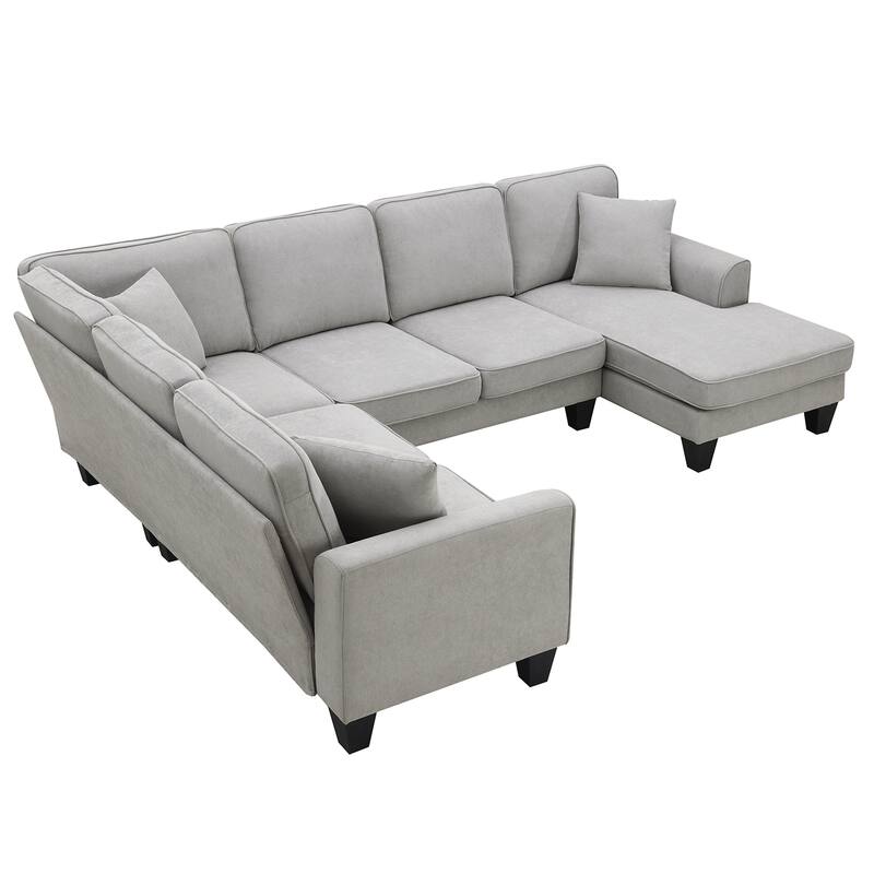 Grey 108" Modern U-Shaped 7-Seater Sectional Sofa Set with 3 Accent Pillows and Chaise, for Living Room