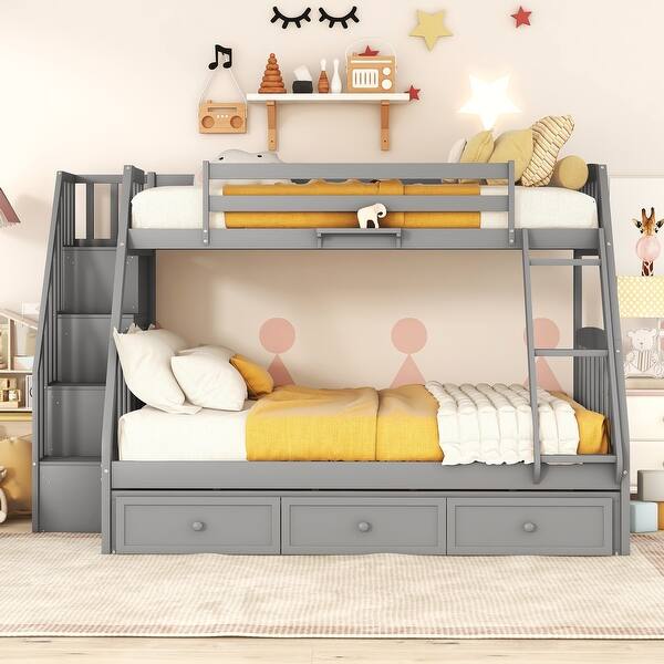 slide 2 of 19, Twin-Over-Full Bunk Bed with Drawers, Ladder and Storage Staircase Gray