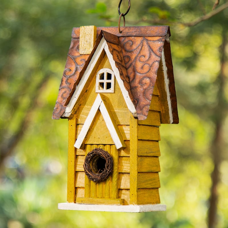 Glitzhome 12"H Retro Distressed Painted Solid Wood Cottage Birdhouse