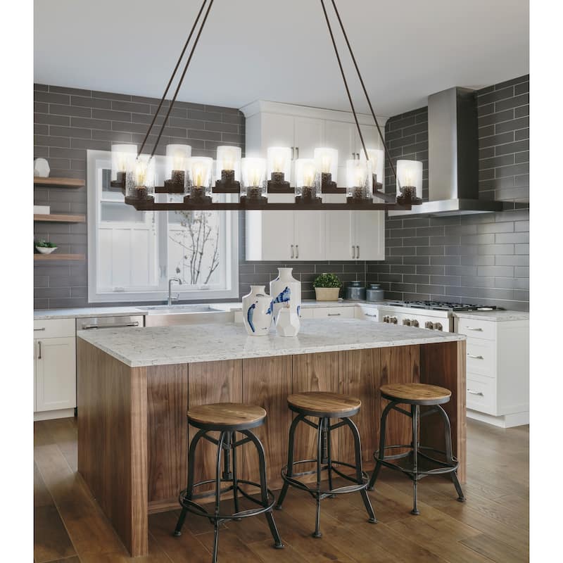 Jonah 45.5" 12-Light Seeded Glass/Iron Rustic Farmhouse Linear LED Chandelier, Oil Rubbed Bronze by JONATHAN Y - 12 Lights