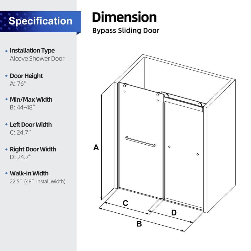 Sliding Frameless Shower Door with 3/8 Inch (10mm) Thick Tampered Glass