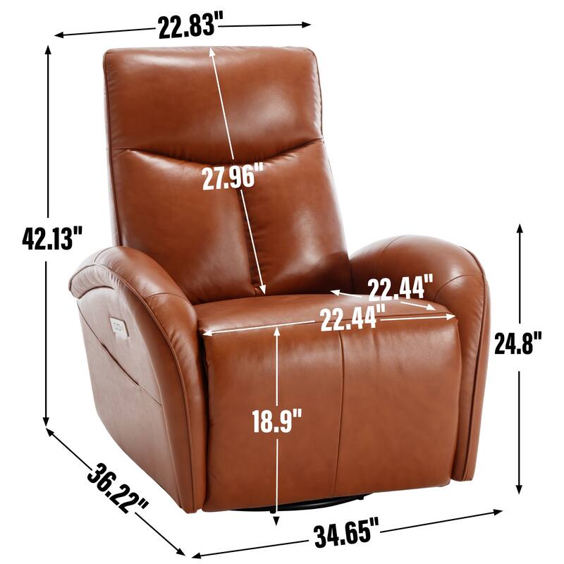 Modern Genuine Leather Swivel and Rocker Power Recliner Chair, 270° Swivel Recliner Chair with Lumbar Support, USB and Type-C