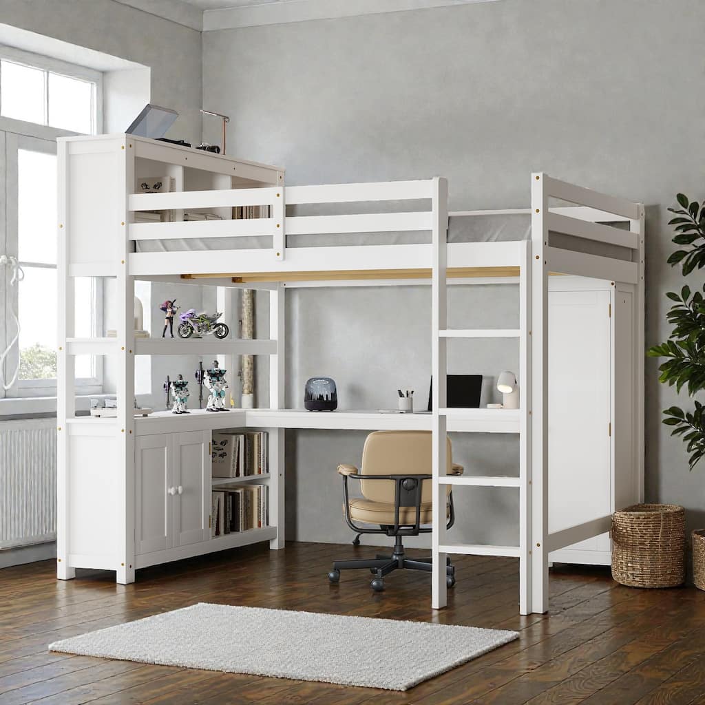 Queen Wood Loft Bed with Wardrobe, Desk & Bookshelf, Space-Saving Loft Bed with Storage Cabinet and Ladder for Kids & Teens