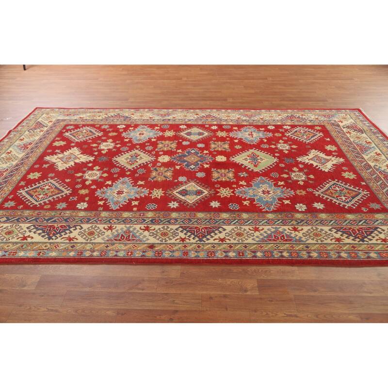 Red Geometric Kazak Area Rug Hand-Knotted Bedroom Wool Carpet - 6'2" x 10'2"