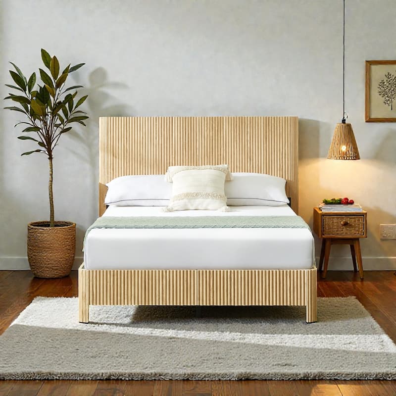 Wood Bed Frame with Corrugated Curved Wood Panels, Heavy Duty Metal Support, No Box Spring Needed