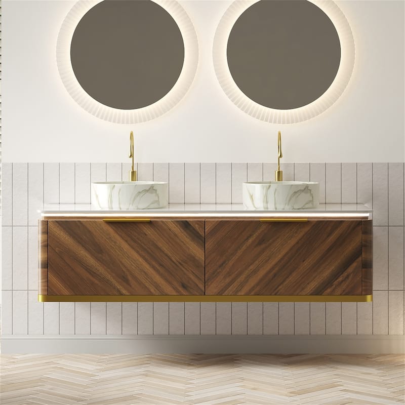 60" Floating Vanity with Smart Sensor Light, Stone Top and Vessel Sink
