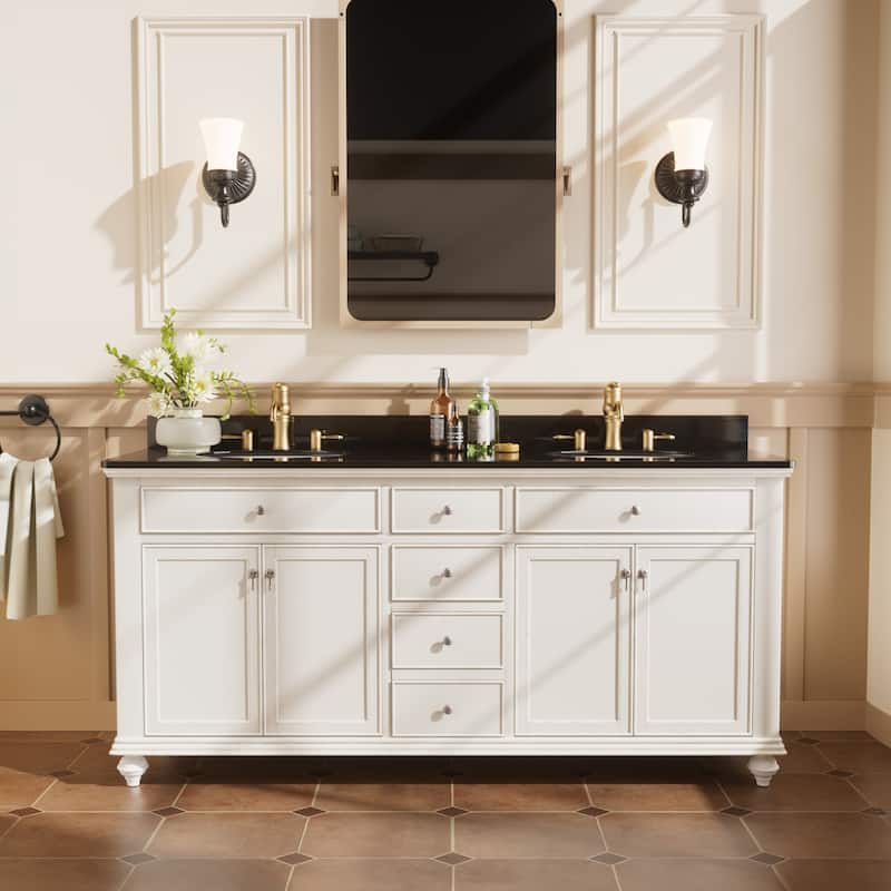72-Inch Two-Tone Solid Wood Double Sink Bathroom Vanity – Modern Contrast Design with Ample Storage - White
