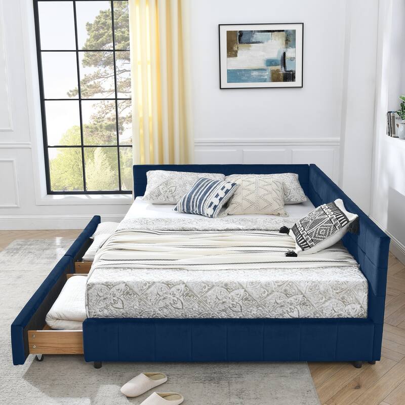 L-shaped Velvet Upholstered Daybed Tufted Sofa Bed with Soft Backrest Armrests - and Optional Corner Storage Day Bed