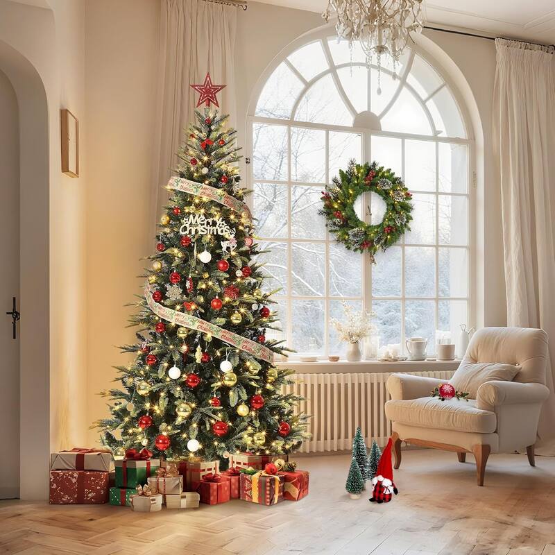 7.5 FT Prelit Christmas Tree, Pencil Christmas Tree with 240 Warm White Lights-8 Modes, Automatic Hinged Expansion