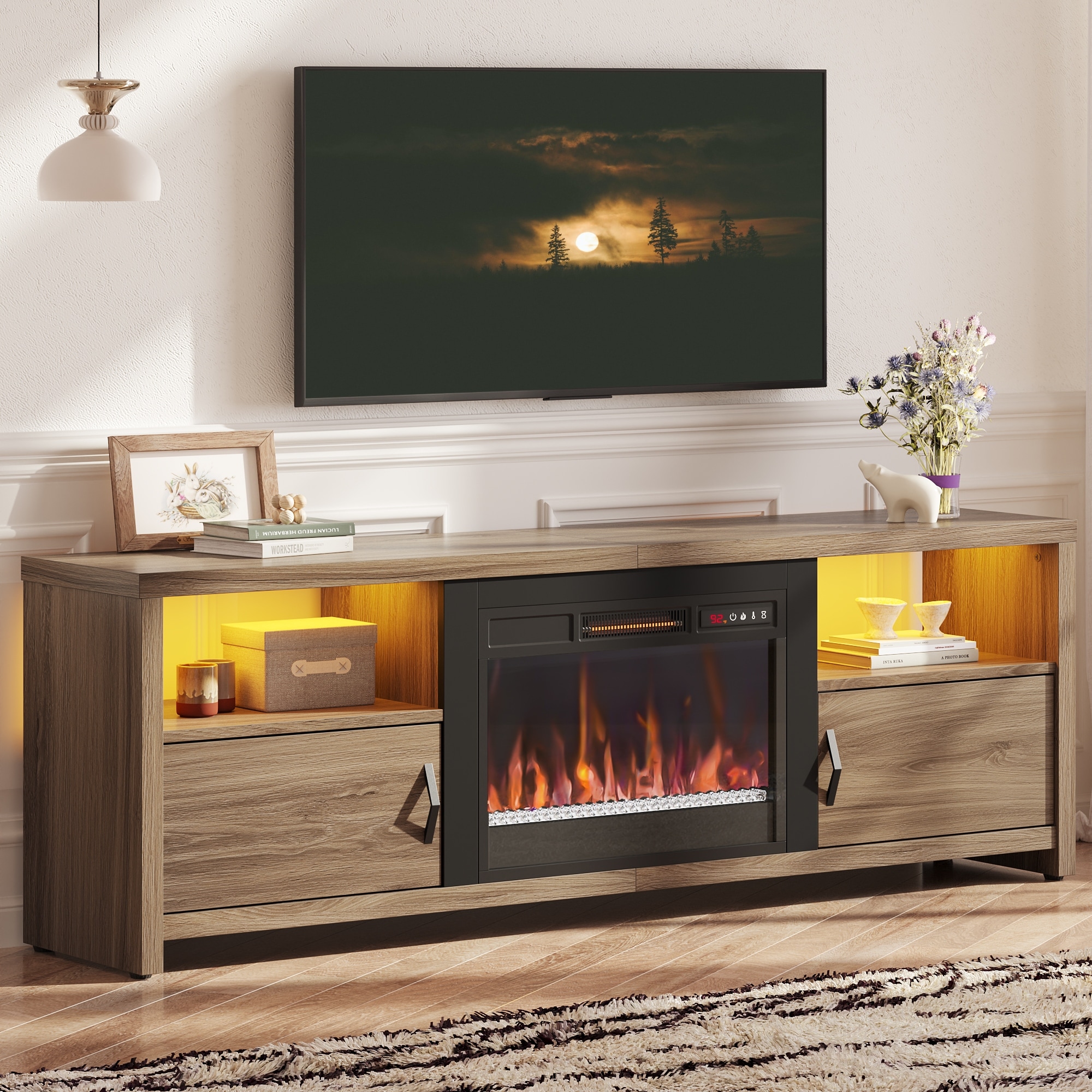70 in. Pinewood LED TV Stand Fits TV's Up to 75 in. Entertainment Center with Fireplace and Cabinets - 71 inches
