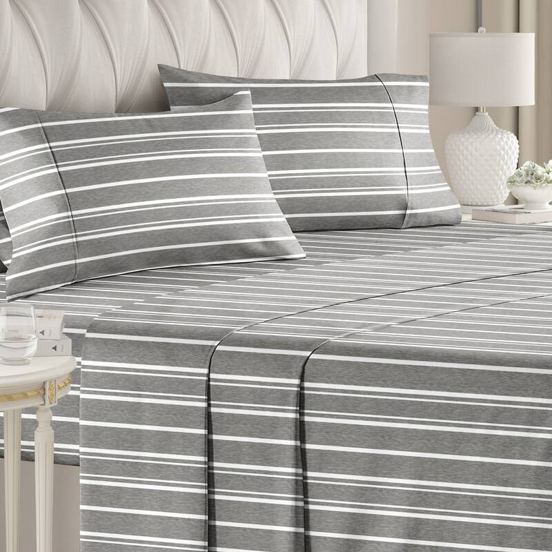 CGK Linens 4 Piece Solid Microfiber Deep Pocket Soft Bed Sheet Set - King - Grey Stripes 3