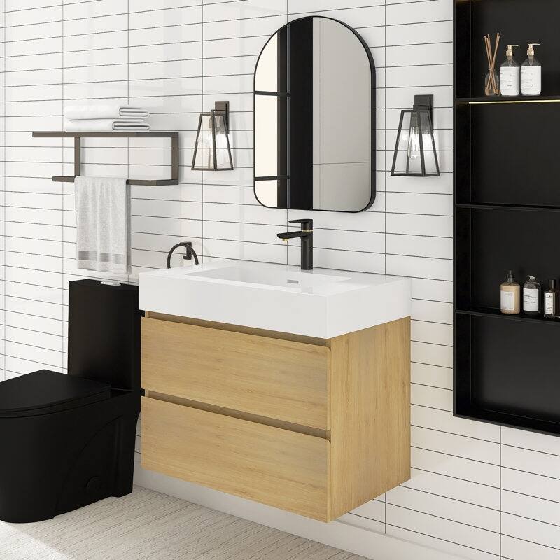 24/30/36 inch Wall-Mounted Bathroom Vanity Set in Oak with Integrated Resin Sink