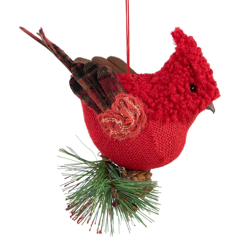 13" Red and Green Plaid Cardinal on Holly Berries Christmas Ornament