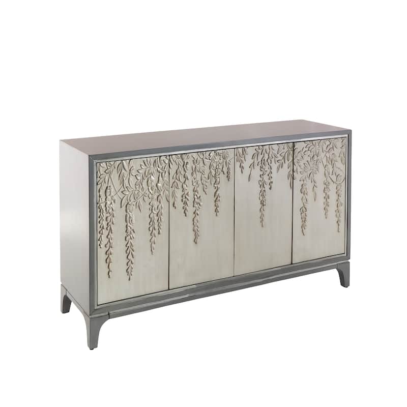 Wooden Floral Relief 4 Door Sideboard with Cream Front Doors and Cascading Leaf Design - Gray - Roche River Decor