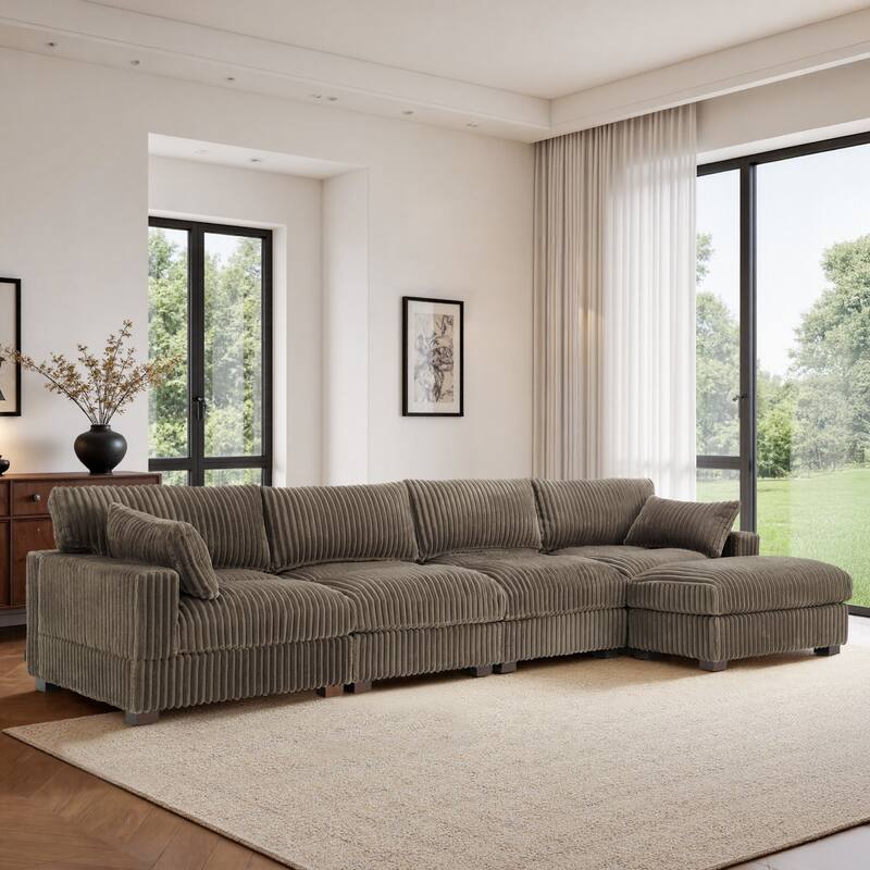 Plush Flannel Modular Sectional Sofa for Living Room - Light Brown-5-Piece