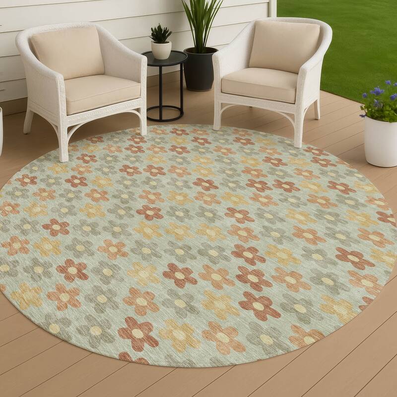 Machine Washable Indoor/ Outdoor Floral Kechi Chantille Rug - Celery - 8' x 8'