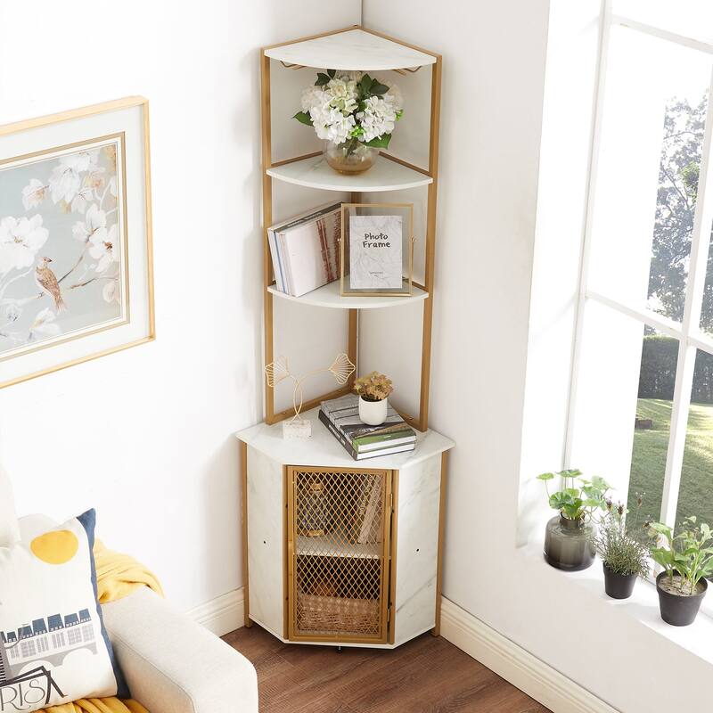 Javlergo 5-tier Wood Bookshelf Bookcase Display Corner Shelf with Storage and Glass Holder 63" Wine Bar