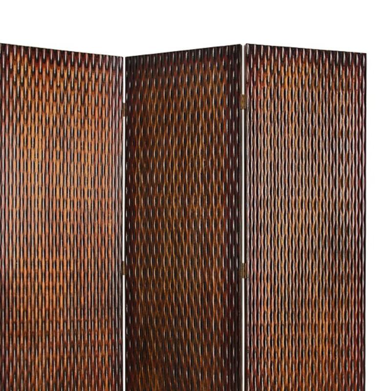 3 Panel Foldable Room Divider with Patterned Wood Panelling, Brown