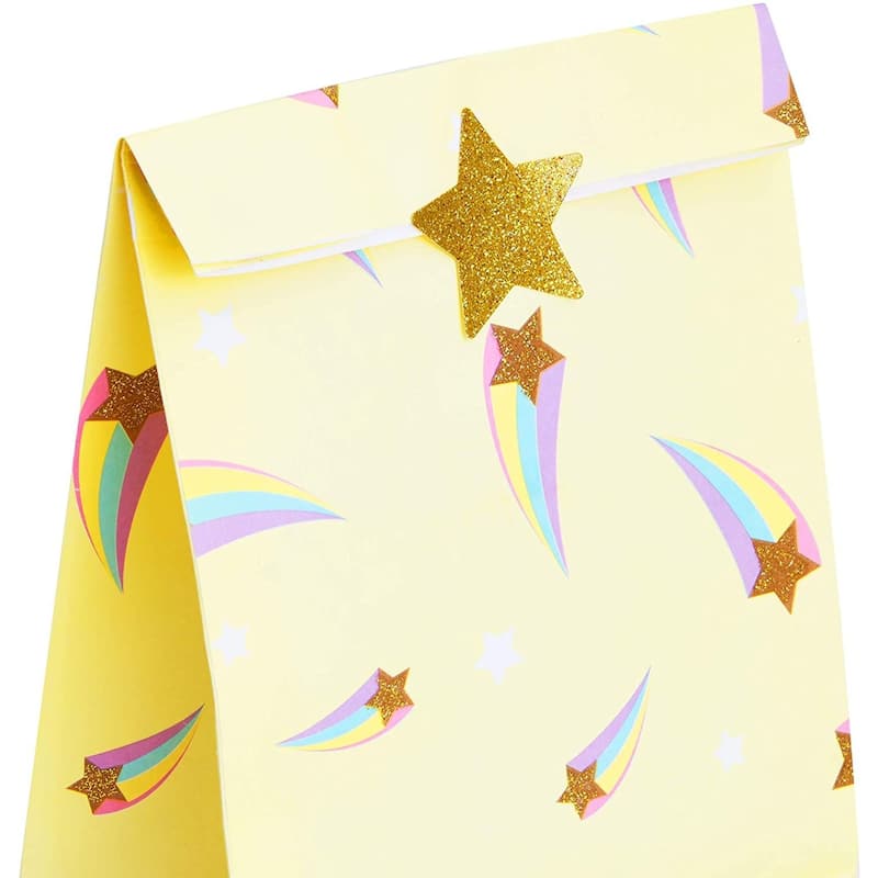 Blue Panda Rainbow Birthday Party Favor Gift Bags with Gold Foil Stickers (8.5 In, 24 Pack)