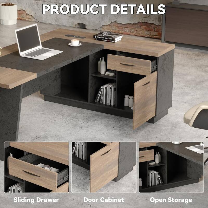 WESOME 78.74in Modern L-Shaped Executive Desk with Drawer 2-Tier Storage Shelves Cabinets