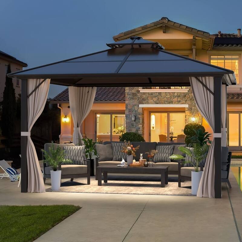 Outdoor Hardtop Gazebo for patio,Polyester Double Roof Canopy, Permanent Pavilion with Aluminum Frame,Curtains & Netting
