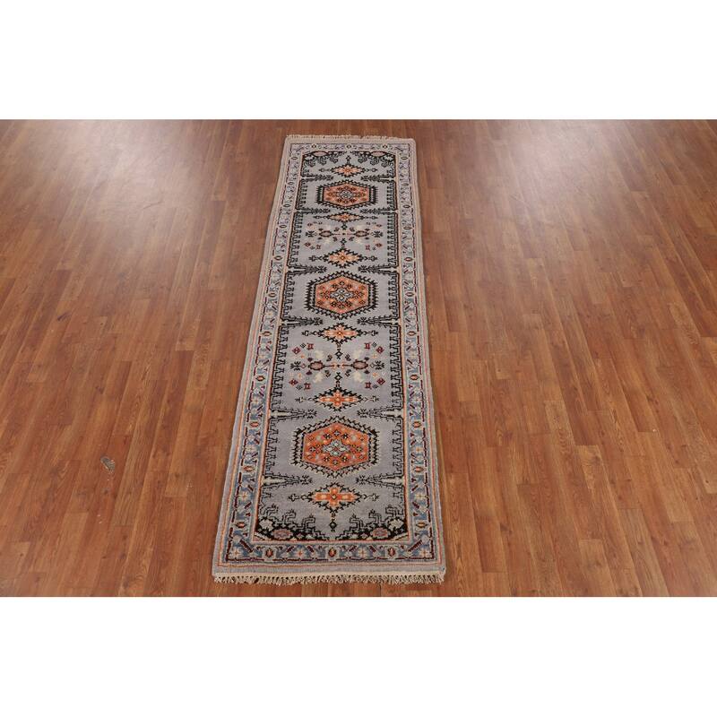 Gray Geometric Viss Indian Runner Rug Handmade Wool Carpet - 2'6"x 8'0"