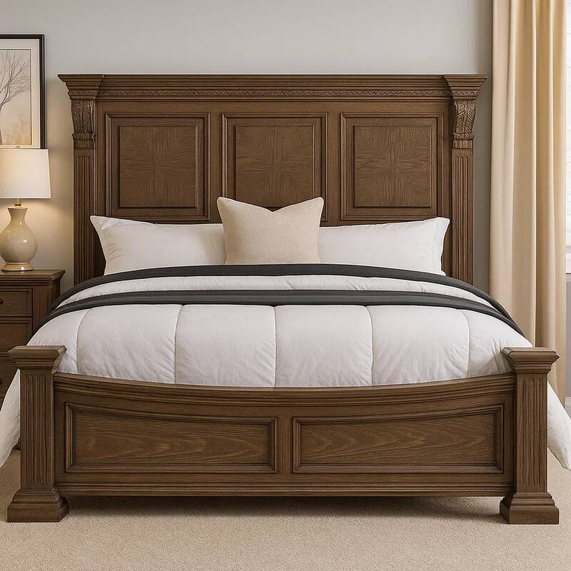 Reven King Bed, Weathered Oak, Solid Wood, Intricate Carved Details