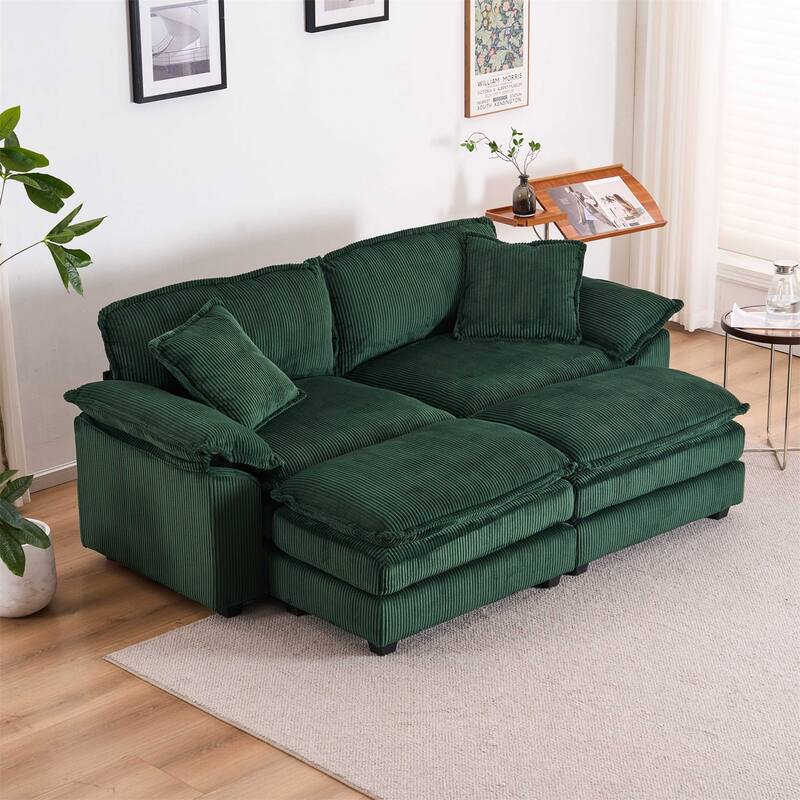 Modern 2-Seater Corduroy Sofa with 4 Support Pillows and 2 Ottomans