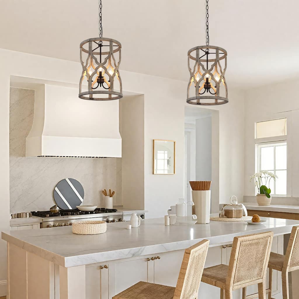 Modern Farmhouse 3-Light Wood Chandelier Lantern Pendant for Kitchen Island Foyer