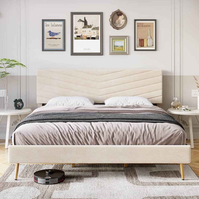 Bed Frame with Adjustable Headboard - Beige - King