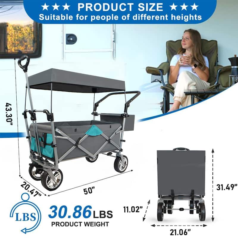 Outdoor Push & Pull Folding Wagon Cart with Removable Canopy