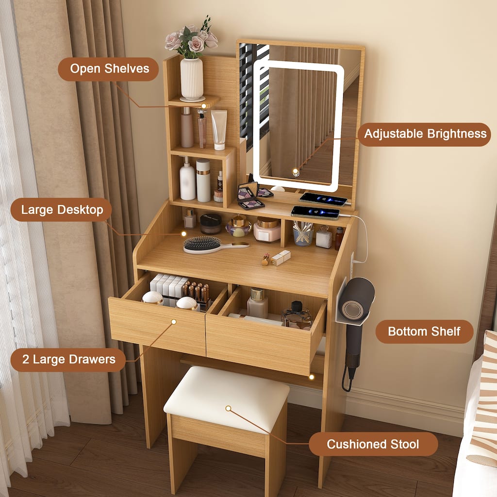 Small Vanity Table with LED Mirror, Compact Makeup Vanity Desk Dressing Table with Power Outlet, Hairdryer Holder & Stool