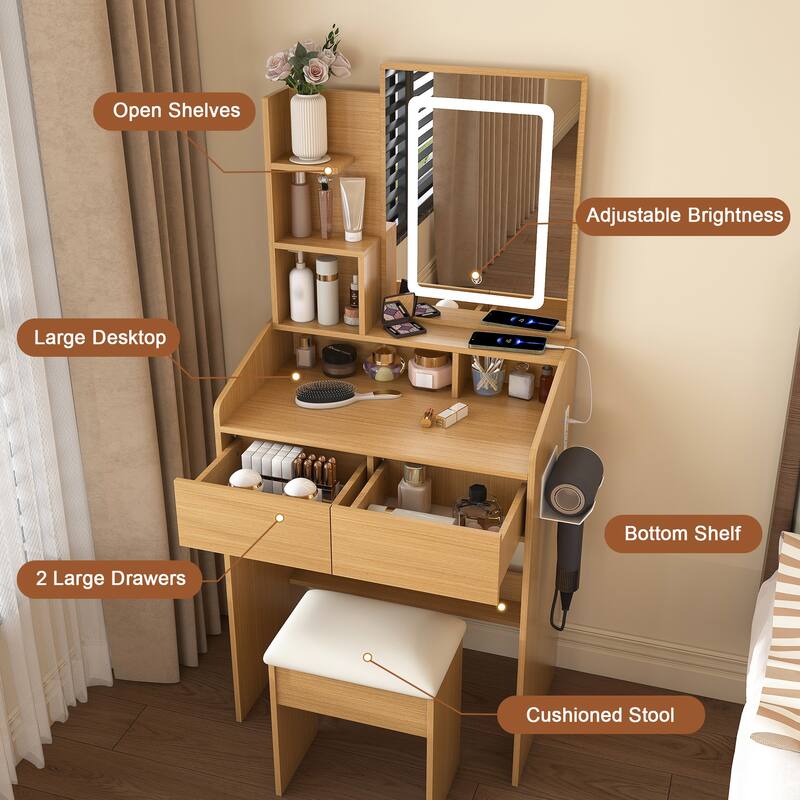 Vanity Table with LED-Illuminated Mirror, Power Outlet, Hairdryer Holder & Stool - Compact Dressing Desk for