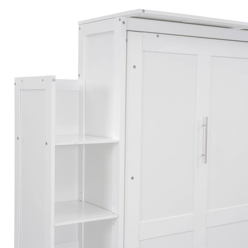 Wooden Wall Murphy Bed with Side Bookshelf & LED Lights