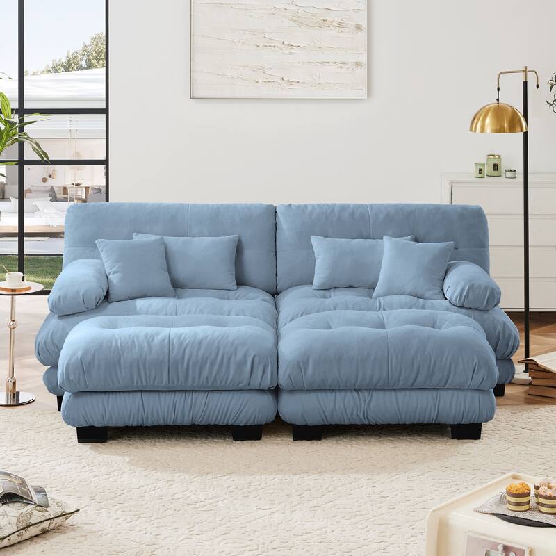 94.4" Chenille Cloud Sleeper Sofa with 2 Ottomans & Pillows