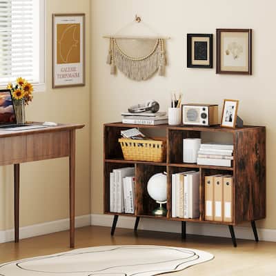 Record Player Stand with Charging Station and Open Shelves-Rustic Brown - Multi